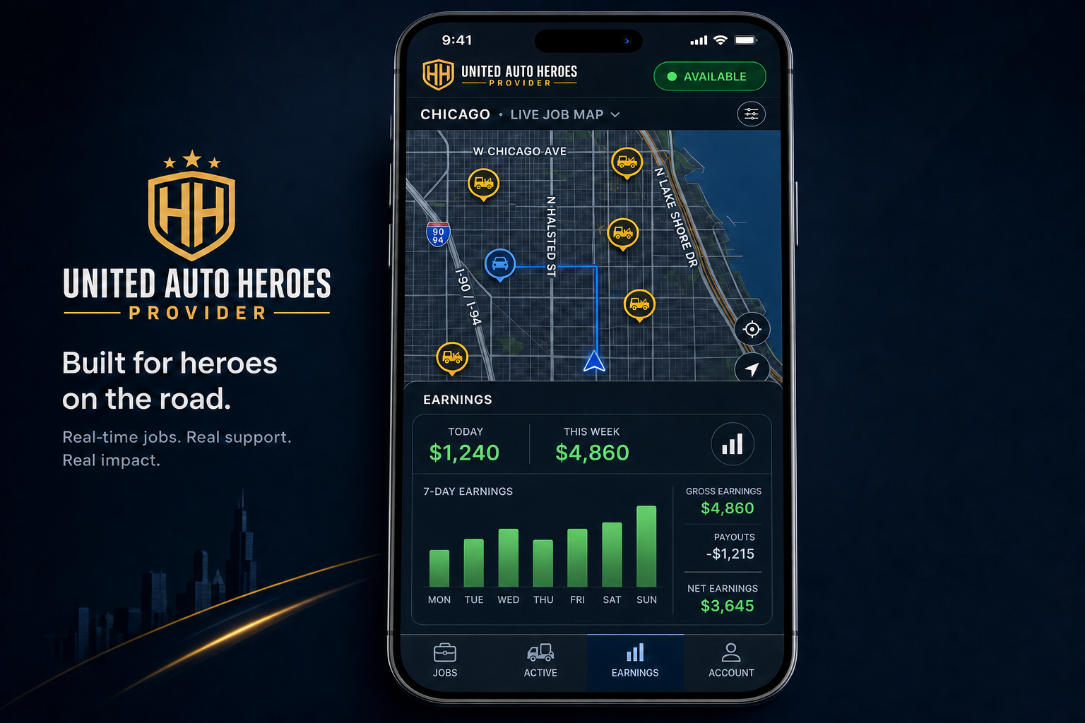 United Auto Heroes provider app showing a Chicago service map and provider earnings